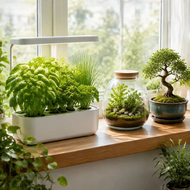 Smart Indoor Herb Garden — Indoor herb garden, glass terrarium and miniature bonsai by a window